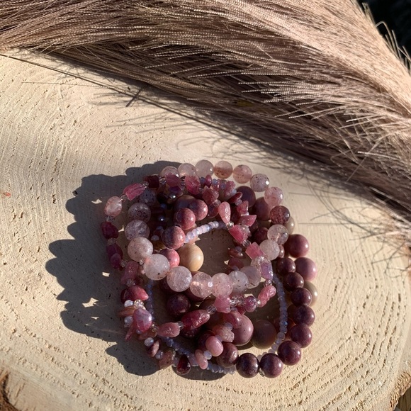 Natural Strawberry Quartz, Pink Rhodonite & Raw Tourmaline Gemstone Bracelets - Picture 15 of 15